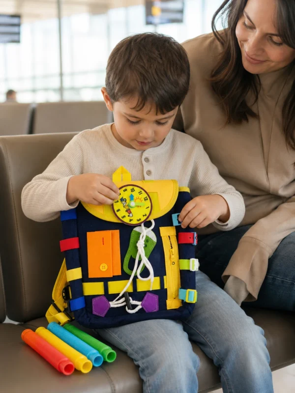 Montessori Busy Board Backpack with 5-Piece Sensory Tube Pack