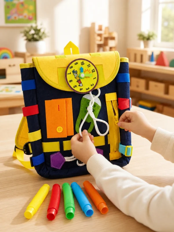 Montessori Busy Board Backpack with 5-Piece Sensory Tube Pack