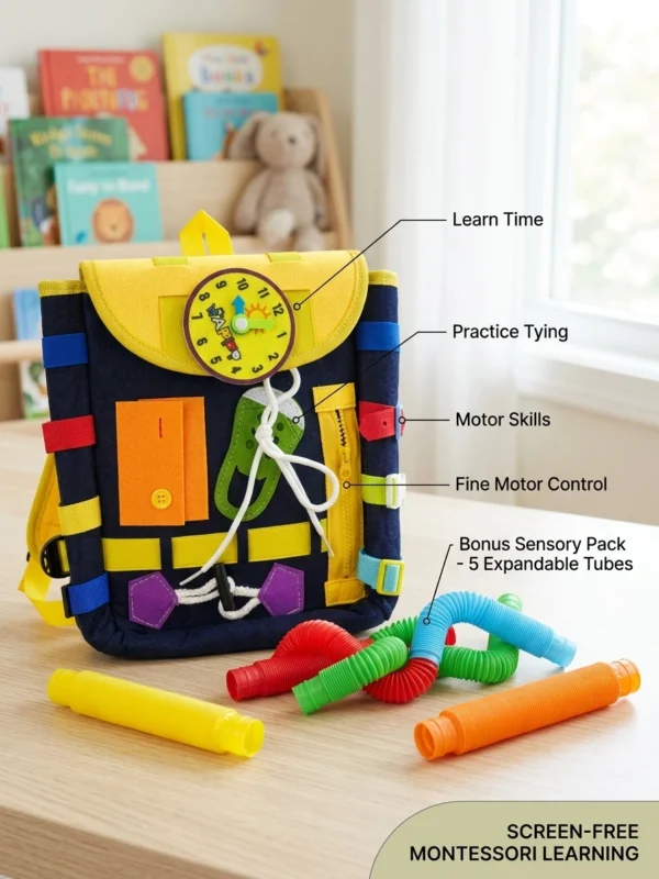 Montessori Busy Board Backpack with 5-Piece Sensory Tube Pack