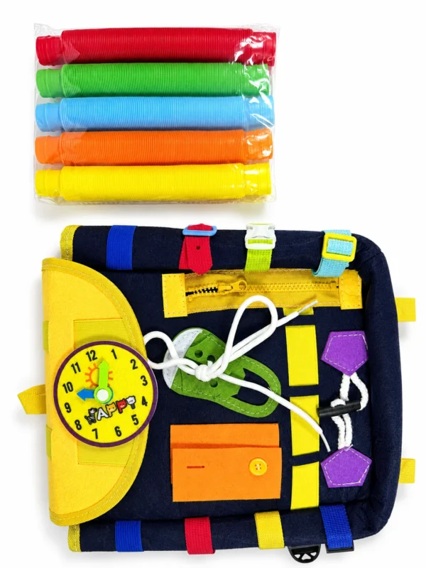 Montessori Busy Board Backpack with 5-Piece Sensory Tube Pack