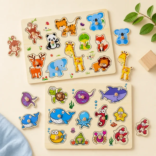 06-new-flatlay-marketing Wooden Animal Knob Puzzle Set – Land & Sea Adventure