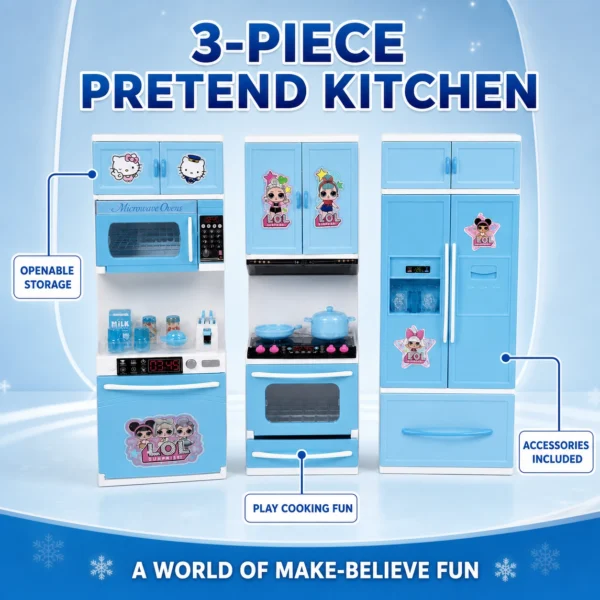 Modern 3-Piece Pretend Kitchen Playset with Accessories – Pink & Blue