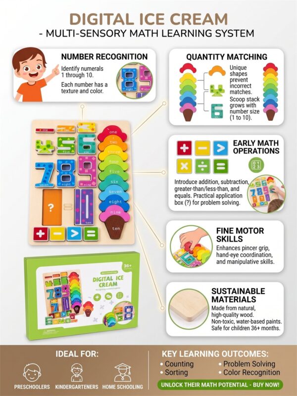 Digital Ice Cream Wooden Number & Math Learning Puzzle – Ages 3+