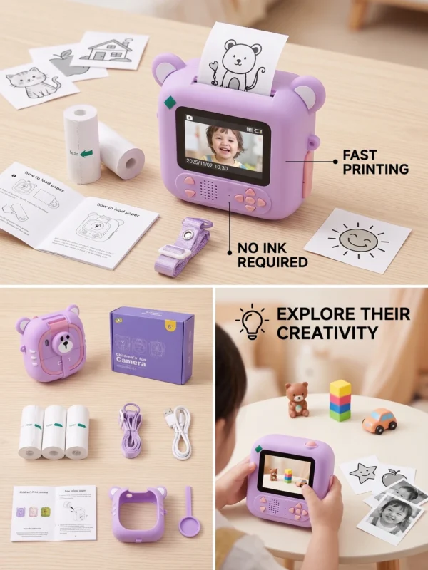 Kids Instant Print Camera – Purple Bear & Dinosaur Basketball Designs (Age 6+)