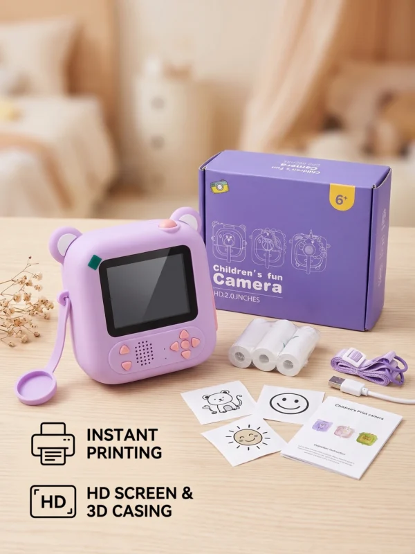 Kids Instant Print Camera – Purple Bear & Dinosaur Basketball Designs (Age 6+)