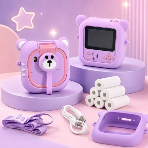 Kids Instant Print Camera – Purple Bear & Dinosaur Basketball Designs (Age 6+)