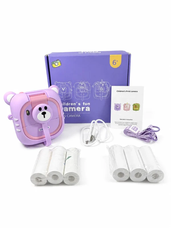 Kids Instant Print Camera – Purple Bear & Dinosaur Basketball Designs (Age 6+)