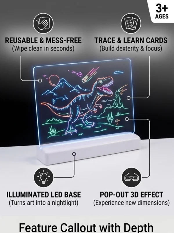 Magic 3D Drawing Board for Kids – LED Light-Up Reusable Art Kit
