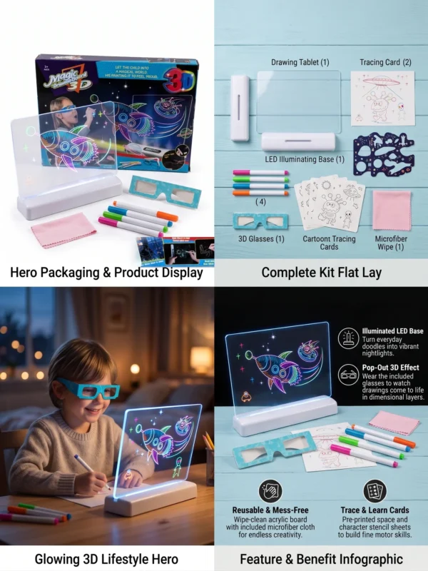 Magic 3D Drawing Board for Kids – LED Light-Up Reusable Art Kit