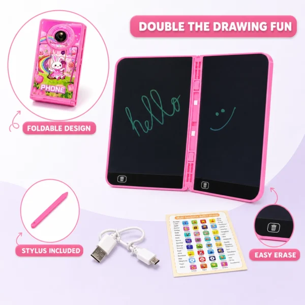 magic-foldable-phone-marketing-features Magic Foldable Phone 2-in-1 LCD Writing & Sound Activity Toy – Pink (3+ Years)