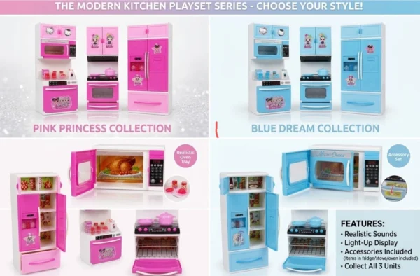 Modern 3-Piece Pretend Kitchen Playset with Accessories – Pink & Blue