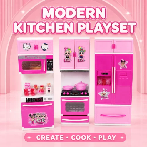Modern 3-Piece Pretend Kitchen Playset with Accessories – Pink & Blue