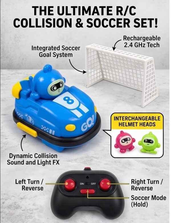 playtronix-rc-bumper-car-features 2.4GHz Remote Control Bumper Car Battle & Soccer Set – 2 Player