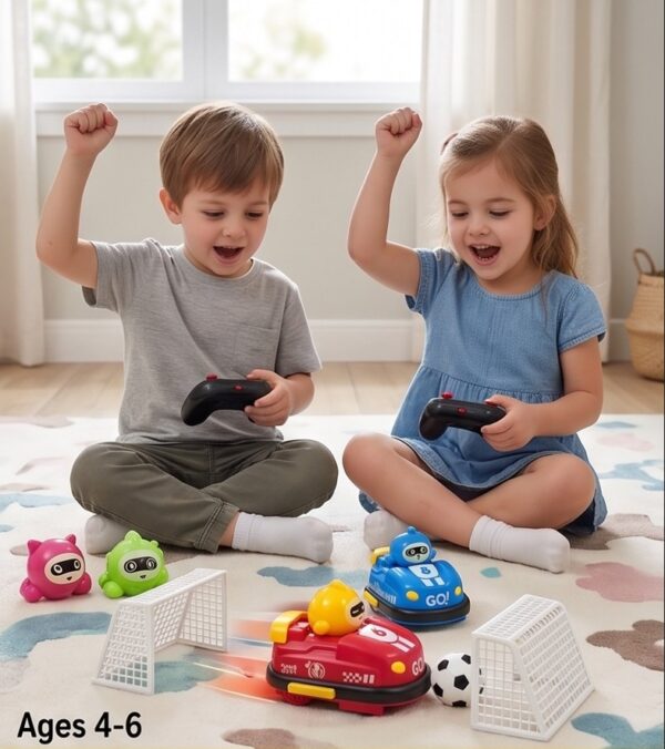 playtronix-rc-bumper-car-kids-playing 2.4GHz Remote Control Bumper Car Battle & Soccer Set – 2 Player