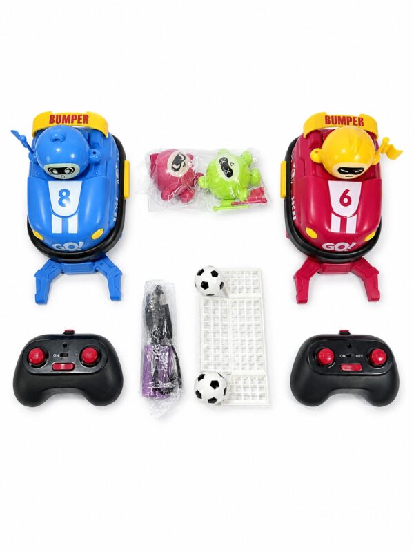 playtronix-rc-bumper-car-set-contents 2.4GHz Remote Control Bumper Car Battle & Soccer Set – 2 Player