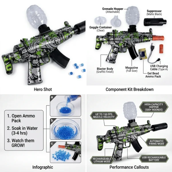shark MP5 Rechargeable Gel Blaster Toy Set – Green Graffiti Edition