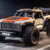 TASTIEN RC Truck - Action Shot TASTIEN 1:14 RC climbing truck kicking up dust on a track with its headlights on