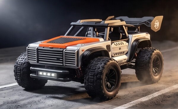 TASTIEN RC Truck - Action Shot TASTIEN 1:14 RC climbing truck kicking up dust on a track with its headlights on