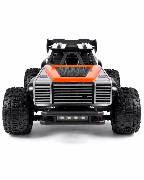 TASTIEN RC Truck - Front View with LED Lights Front view of the TASTIEN RC truck showing the chrome grille and four-LED light bar switched on