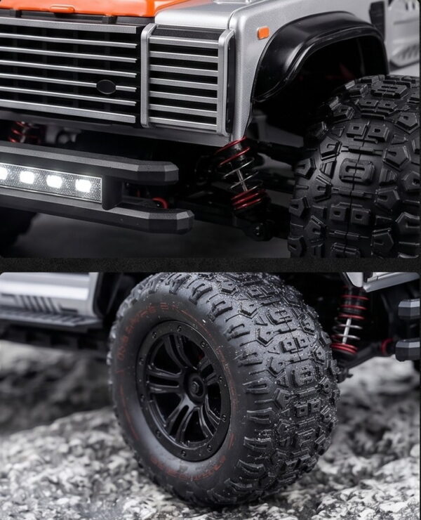 TASTIEN RC Truck - LED Light Bar and Off-Road Tyres Close-up of the TASTIEN RC truck LED light bar and deep-tread off-road tyre with coil-over shock