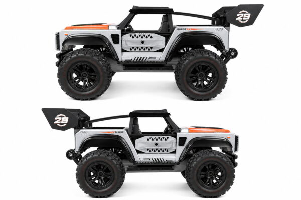 TASTIEN RC Truck - Side Profile Both side profiles of the TASTIEN 1:14 RC truck showing the 4x4 body, roll cage and number 29 rear wing