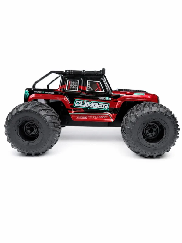 Right-side image: Right-side view of red Wild Drive RC Monster Climber Truck