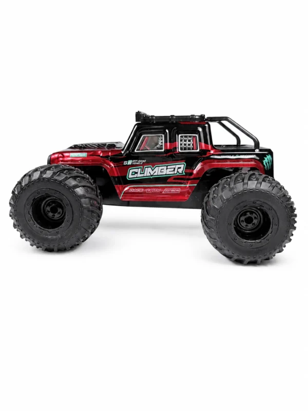 Left-side image: Left-side view of red Wild Drive RC Monster Climber Truck