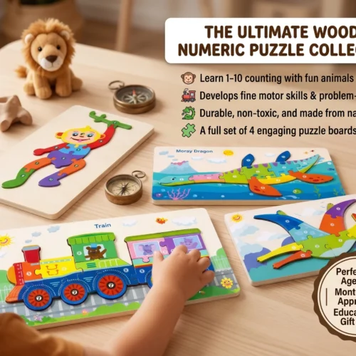 Wooden Number Puzzle Set – Monkey, Train, Moray Dragon & Pterosaur