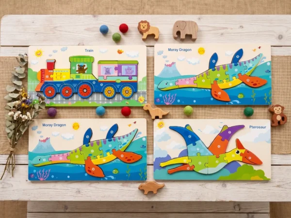 wooden-number-puzzle-marketing-collection Wooden Number Puzzle Set – Monkey, Train, Moray Dragon & Pterosaur