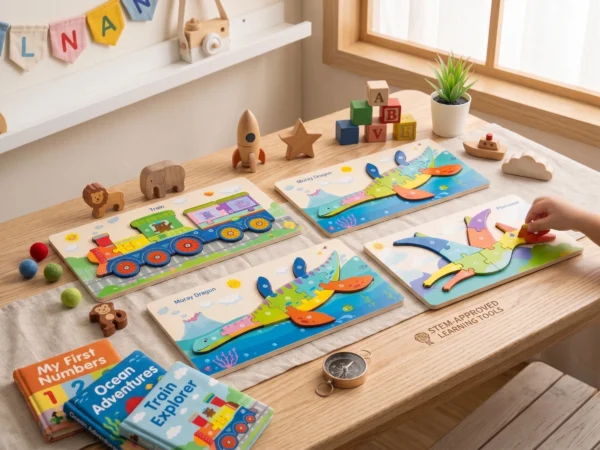 wooden-number-puzzle-marketing-lifestyle Wooden Number Puzzle Set – Monkey, Train, Moray Dragon & Pterosaur