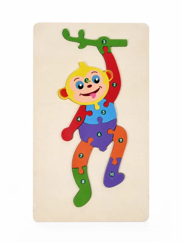 wooden-number-puzzle-monkey Wooden Number Puzzle Set – Monkey, Train, Moray Dragon & Pterosaur