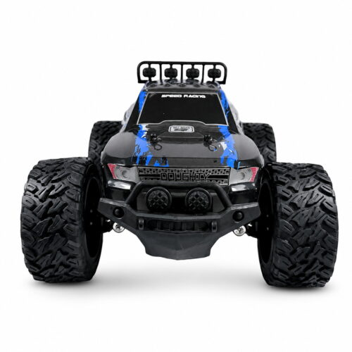 Yile High Speed Storm 1:14 RC truck in blue and black, front view showing the roof light bar, bull bar and oversized off-road tyres