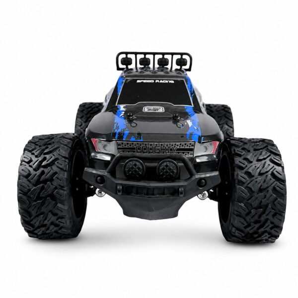 Yile High Speed Storm 1:14 RC Off-Road Racer in Blue Yile High Speed Storm 1:14 RC truck in blue and black, front view showing the roof light bar, bull bar and oversized off-road tyres