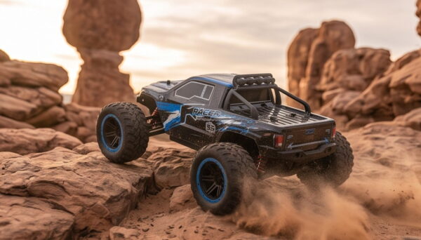 Yile Storm RC Truck - Desert Action Blue Yile Storm RC truck kicking up sand as it climbs a rock ledge in the desert