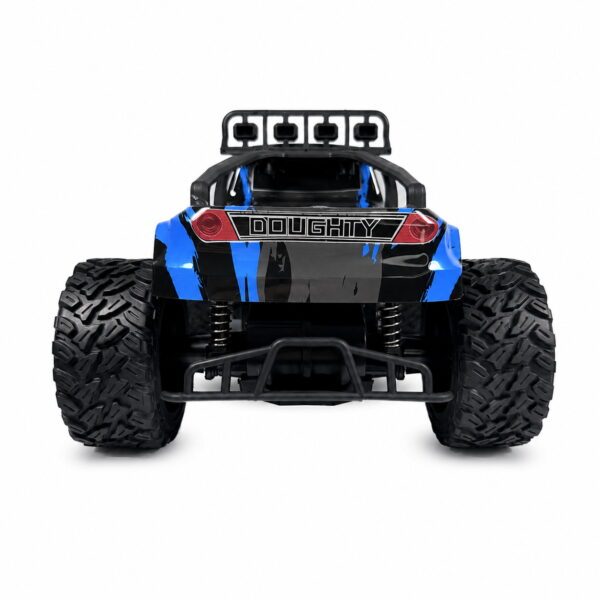 Yile Storm RC Truck - Blue Rear View Rear view of the blue Yile Storm RC truck showing the DOUGHTY tailgate badge, tail lights, rear bumper and suspension springs
