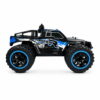 Yile Storm RC Truck - Blue Side Profile Side profile of the blue Yile Storm RC truck showing the RACER graphics, roll cage and blue beadlock-style wheel rims