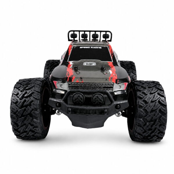 Yile Storm RC Truck - Red Front View Front view of the Yile Storm RC truck in metallic grey and red with its four-lamp roof bar and twin front spotlights